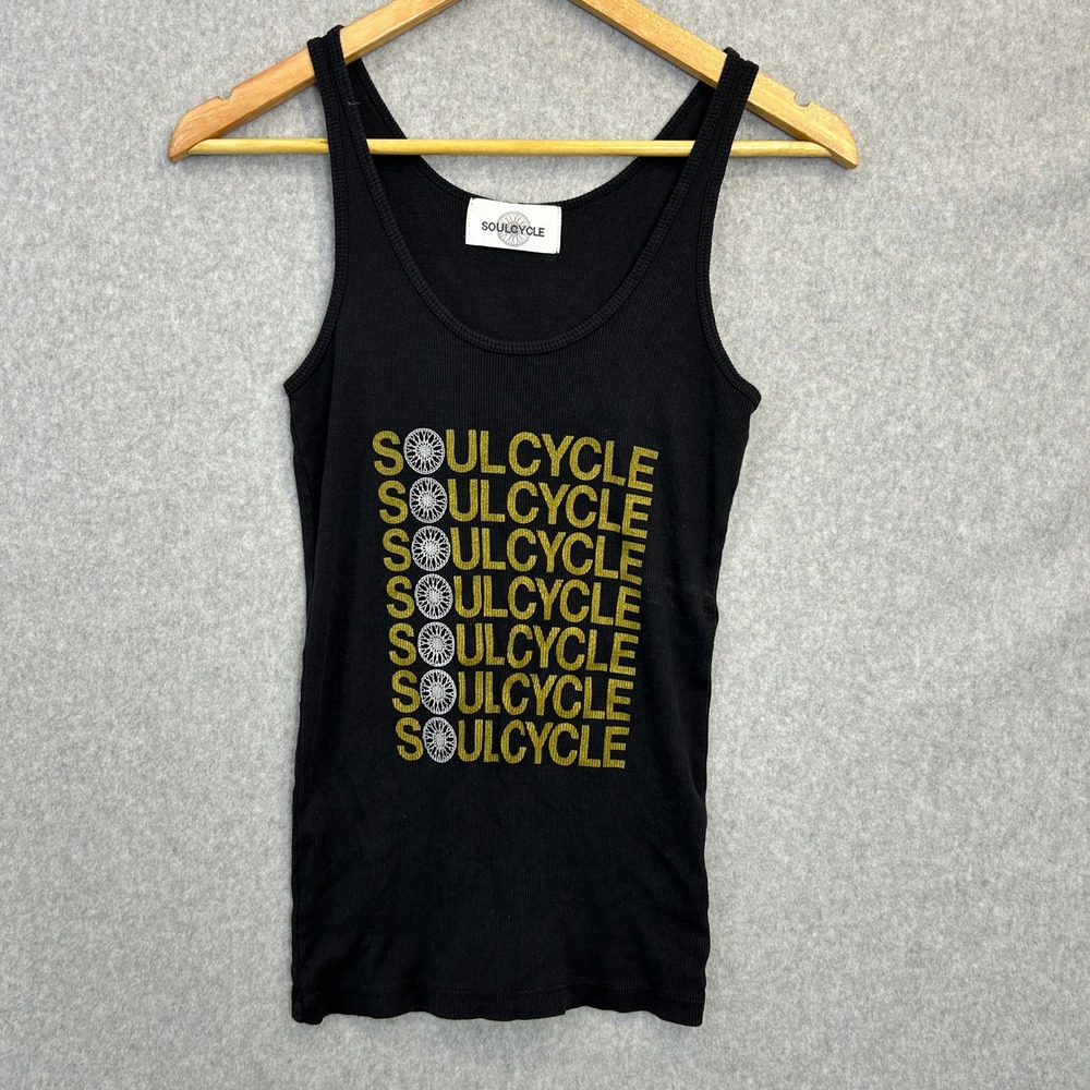SoulCycle Tank Top Black Gold Logo Ribbed Cotton Spin Workout Gym Womens Small